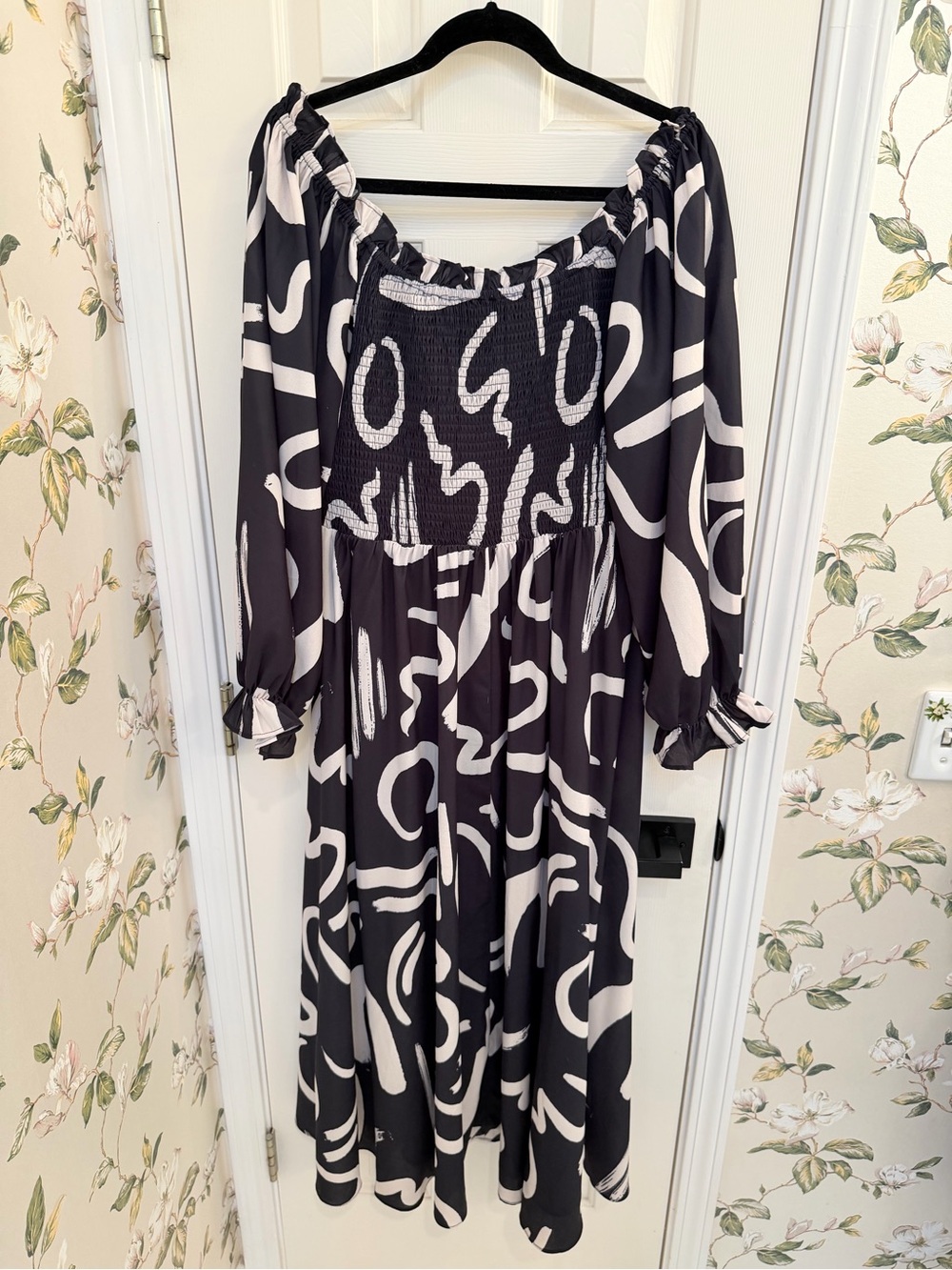 Off-Shoulder Black & White Patterned Maxi Dress with Side Slit - Picture 7 of 13